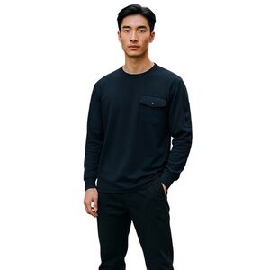 Zara Men Waffle Knit Navy Blue Patch Pocket Crew Neck Long Sleeve Shirt